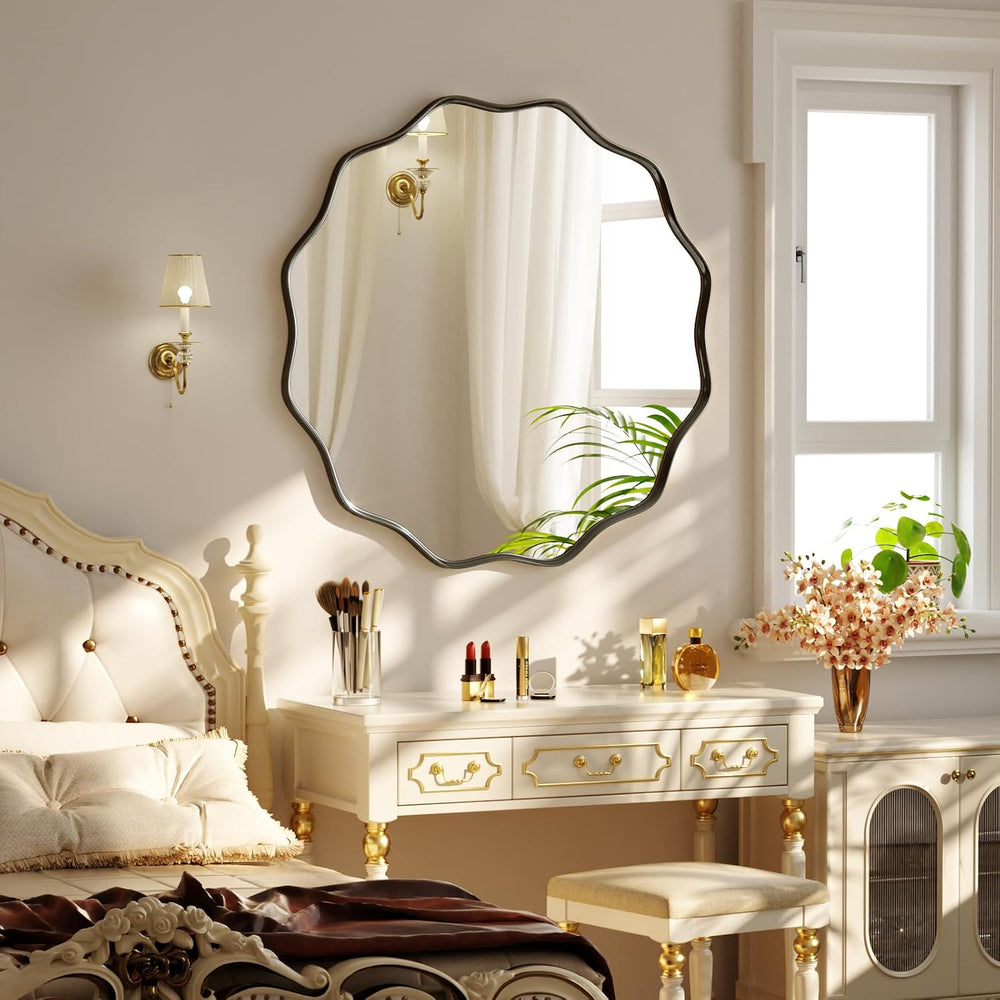 24" Decorative Scalloped Round Wall Mirror, Wavy Metal Deep Frame, Black