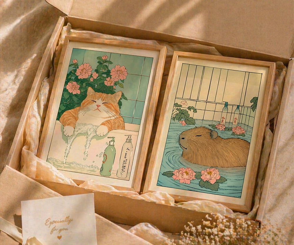 Framed Japanese Bathroom Wall Art Set of 2 Funny Cat & Capybara Bath Print