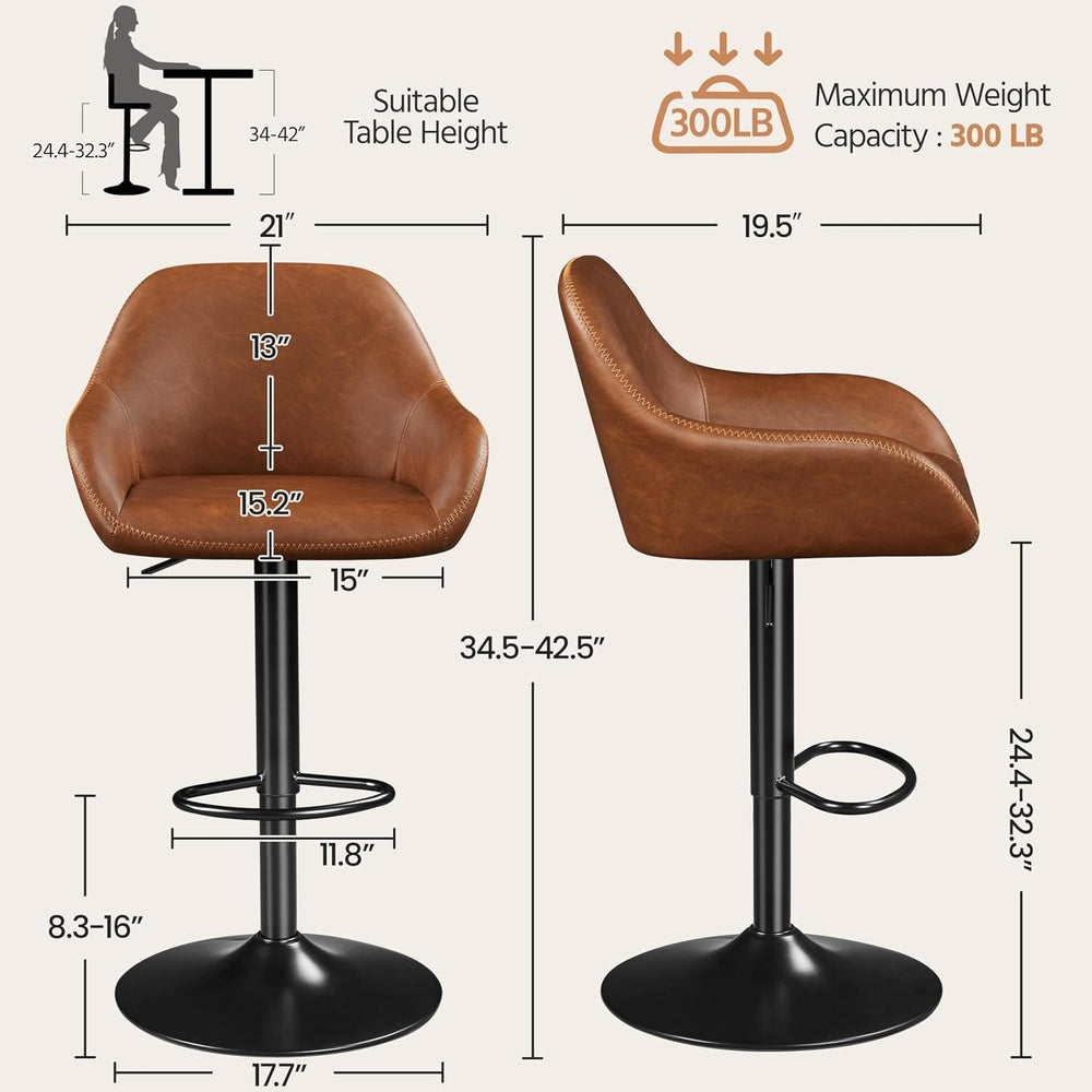 Yaheetech Bar Stools Set of 2, Adjustable Swivel PU Leather, Retro Brown