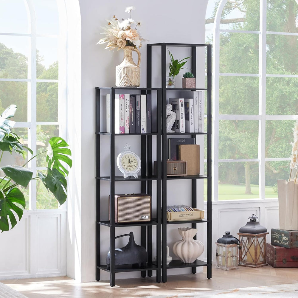 YUFAM 5 Tier Tall Narrow Bookshelf, Skinny Bookcase, Wooden Shelf, Black