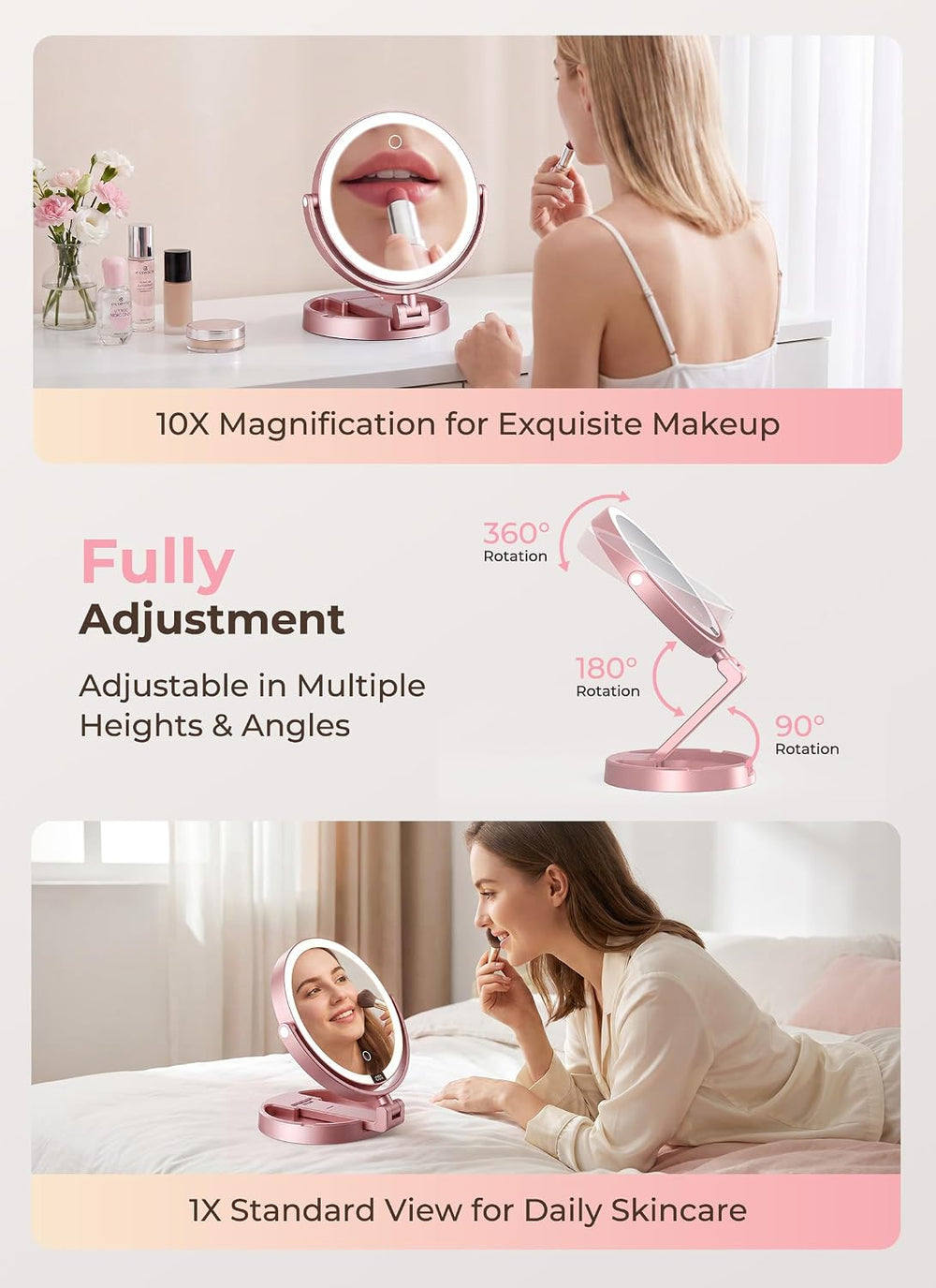 Lighted Travel Makeup Mirror,1X/10X Magnification,3 Light Modes, Rose Gold