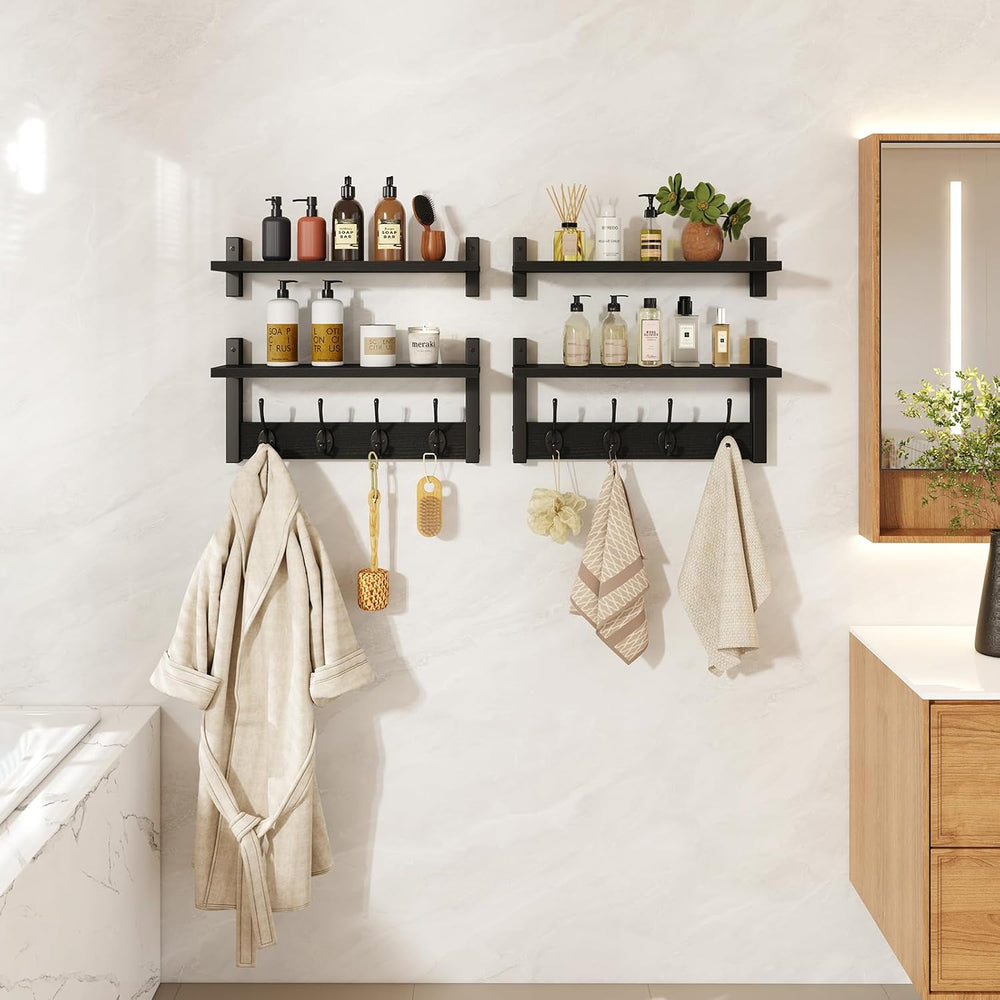YMYNY Double Shelf Coat Rack Wall Mount with 8 Hooks, Black HWS009B-2