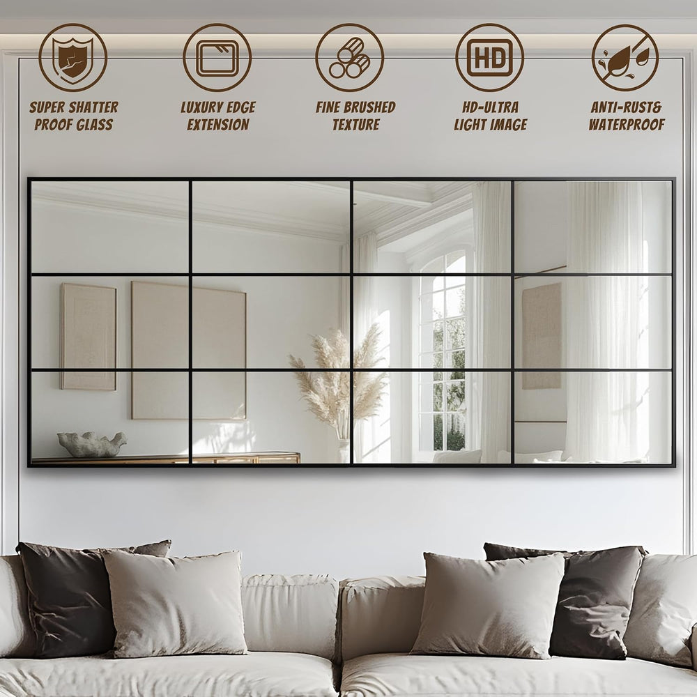 Antok Wall Mirror, 72" x 32" Window Pane Decorative Mirror, Metal F...