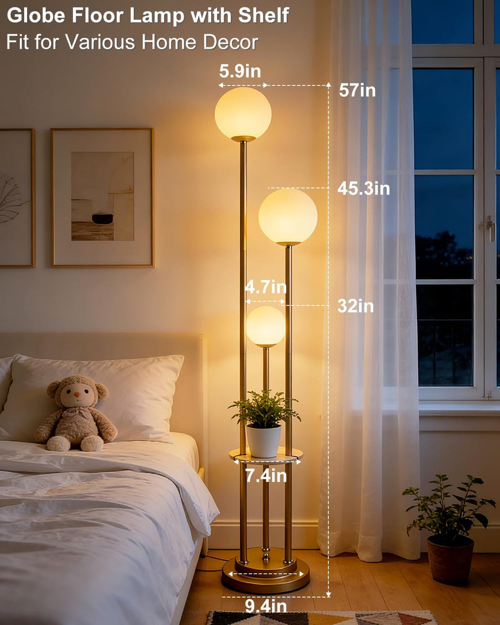 Lightdot Gold Floor Lamp 3-Lights Dimmable Floor Lamps with Tray 3000K Bulbs ...