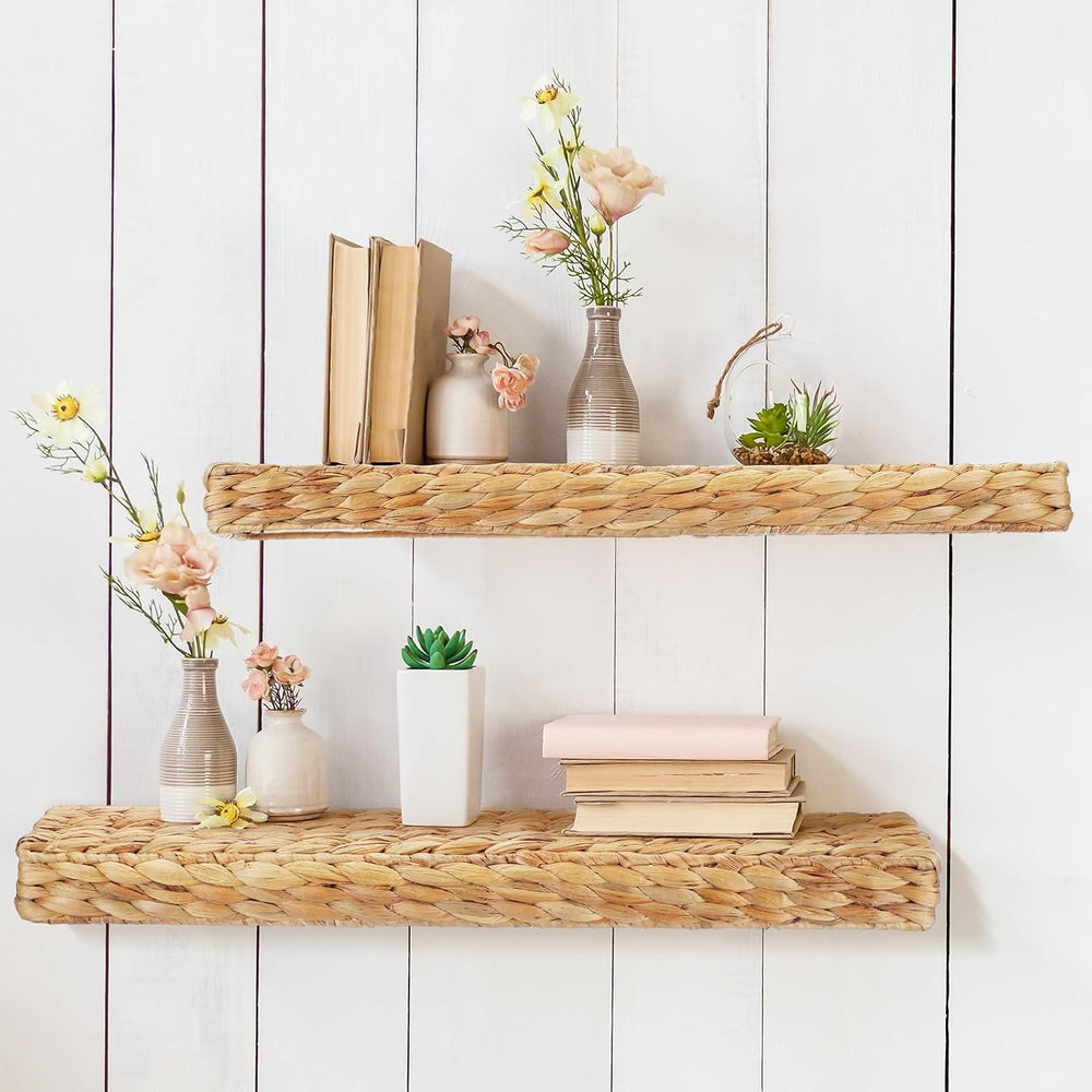 Pinkunn 2 Pack Handwoven Water Hyacinth Floating Wall Shelf 23.6 Inch Woven W...