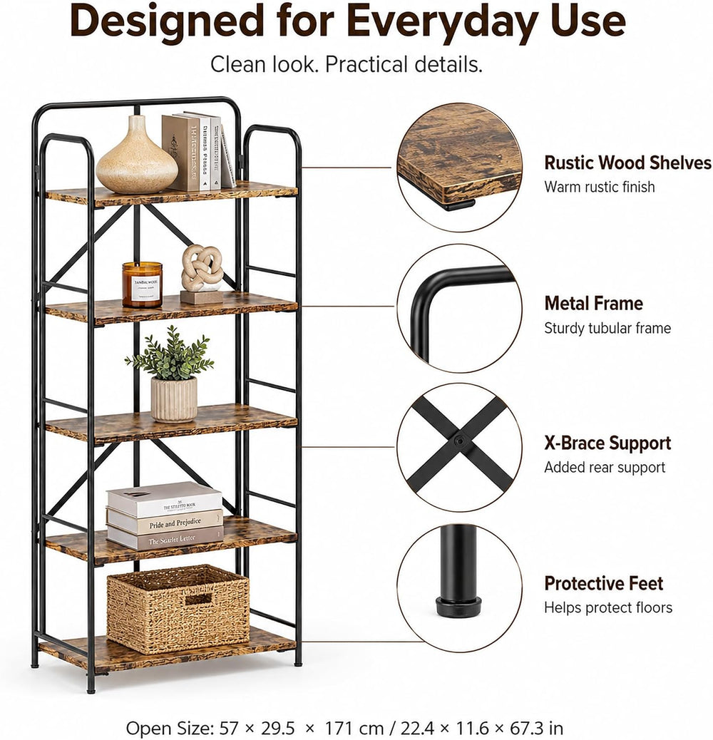 4NM No Assembly Folding Bookshelf, 5 Tier Collapsible Book Shelves Open Indus...