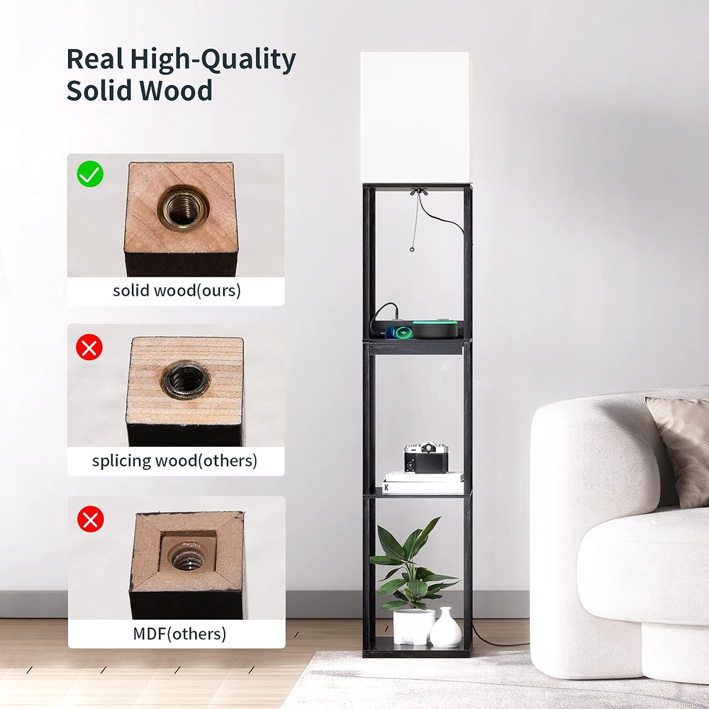 SUNMORY Floor Lamp with Shelves, Solid Wood Shelf Lamps for Living Room