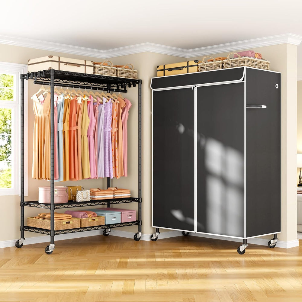 ULIFHOME P6C Plus Rolling Clothes Rack with Cover, Covered Clothing Rack