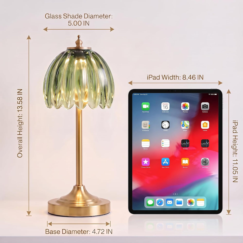 Tulip Glass Rechargeable Table Lamp, Floral Cordless Table Light(Green)