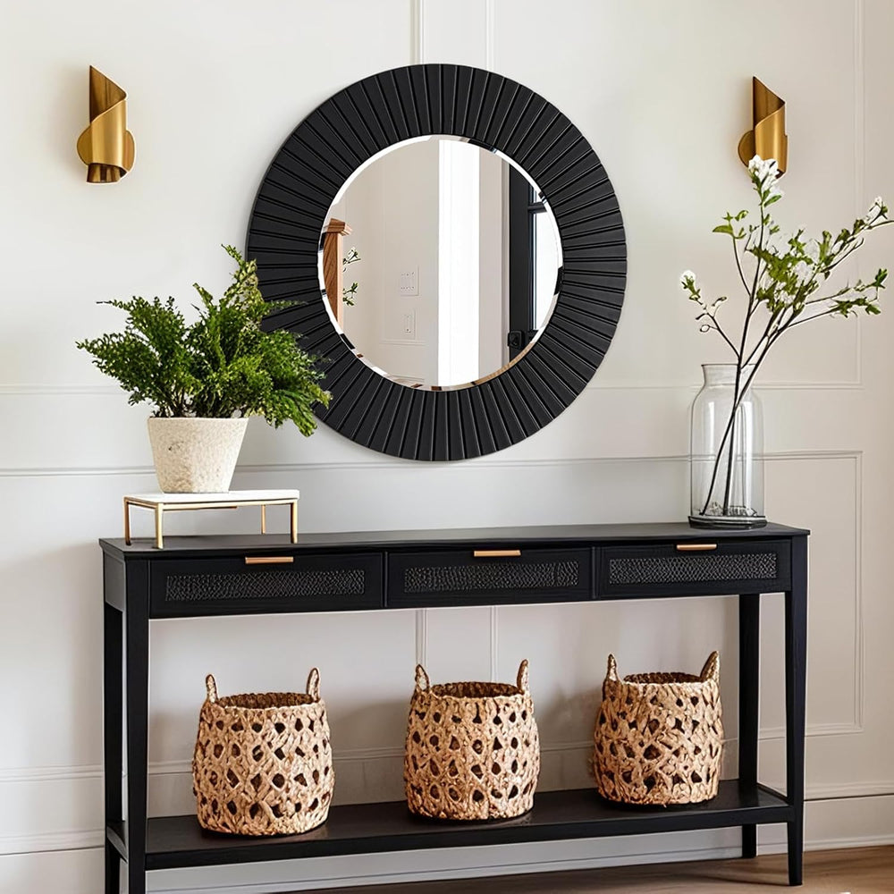 Chende 30'' Black Round Wall Mirror for Bathroom with Fluted Wood Frame