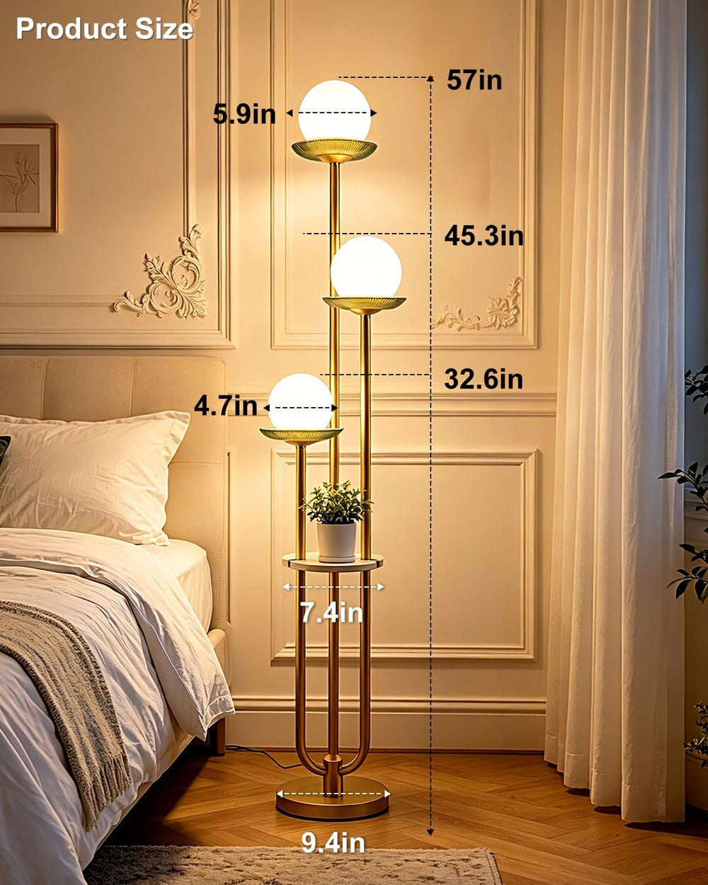 3-Globe Gold Floor Lamp Dimmable with Green Glass Tray Tall Lamp
