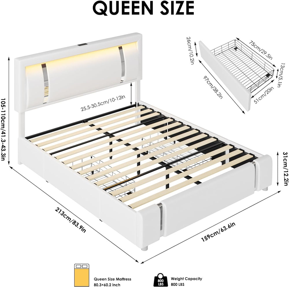 Keyluv Queen Bed Frame with RGB LED Lights Headboard & 2 Storage Drawers,...