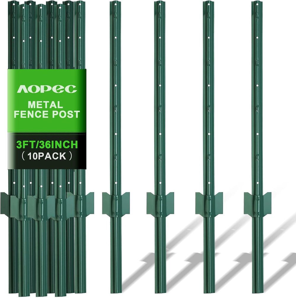 Fence Post 3 Feet / 36 Inch, Pack of 10, Heavy Duty Metal Fence Posts, No Dig...