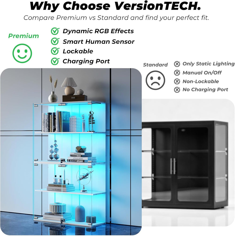 VersionTECH. Glass Display Cabinet with RGB Light, 4-Tier Curio Cabinets