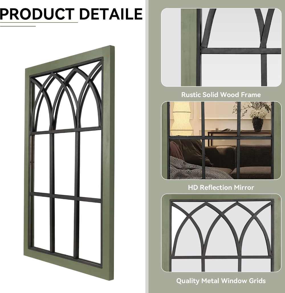 Retro Green Window Mirror for Wall Decor, Wood Frame Decorative Wall Mirror