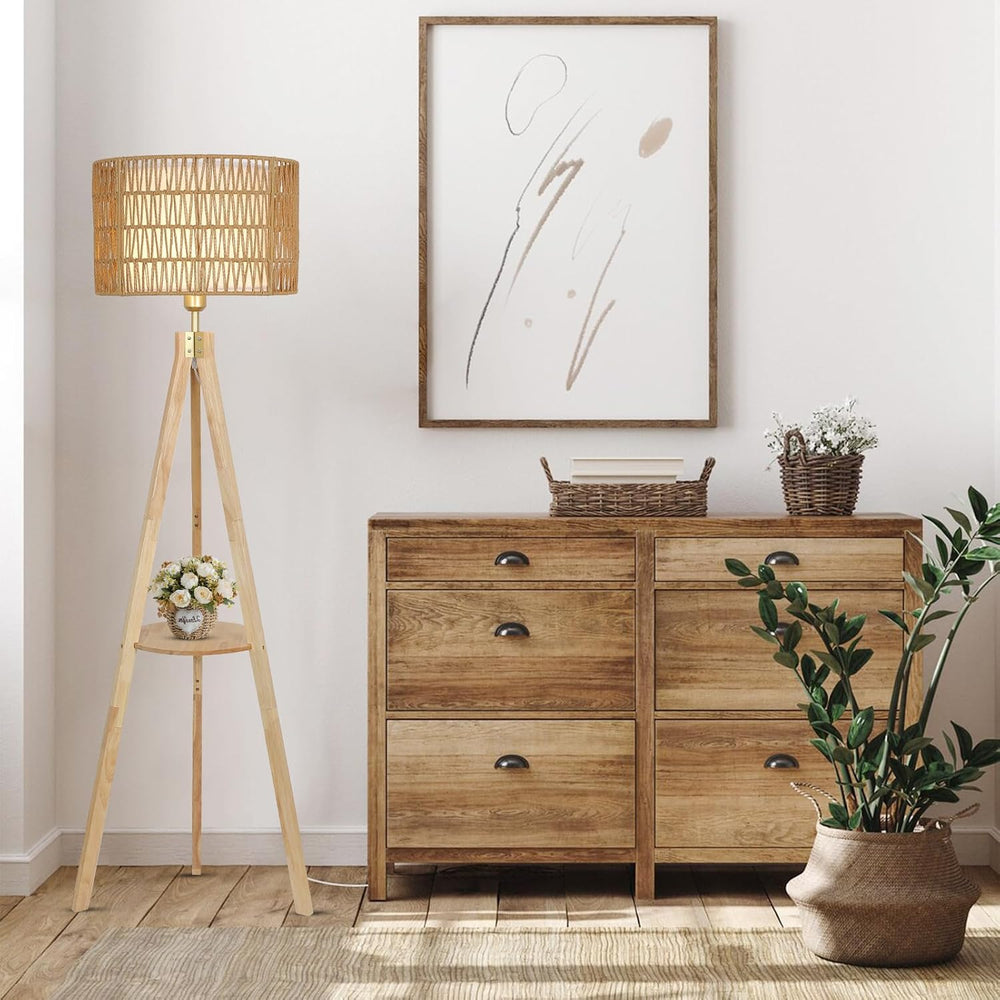 LAMSU Oak Wood Tripod Floor Lamps for Living Room, Boho Floor Lamp with Shelv...