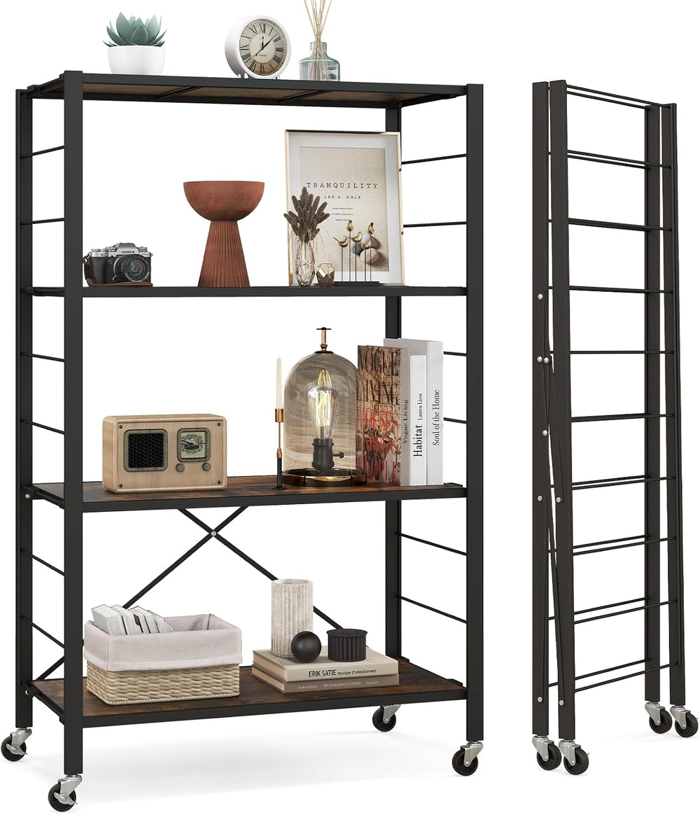 GIANTEX 4-Tier Folding Storage Shelf, Collapsible Shelving Unit w/Lockable Wh...