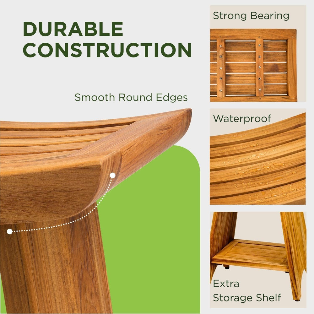 Premium 18" Teak Shower Bench, Non-Slip Safety, 2-Tier - Curved