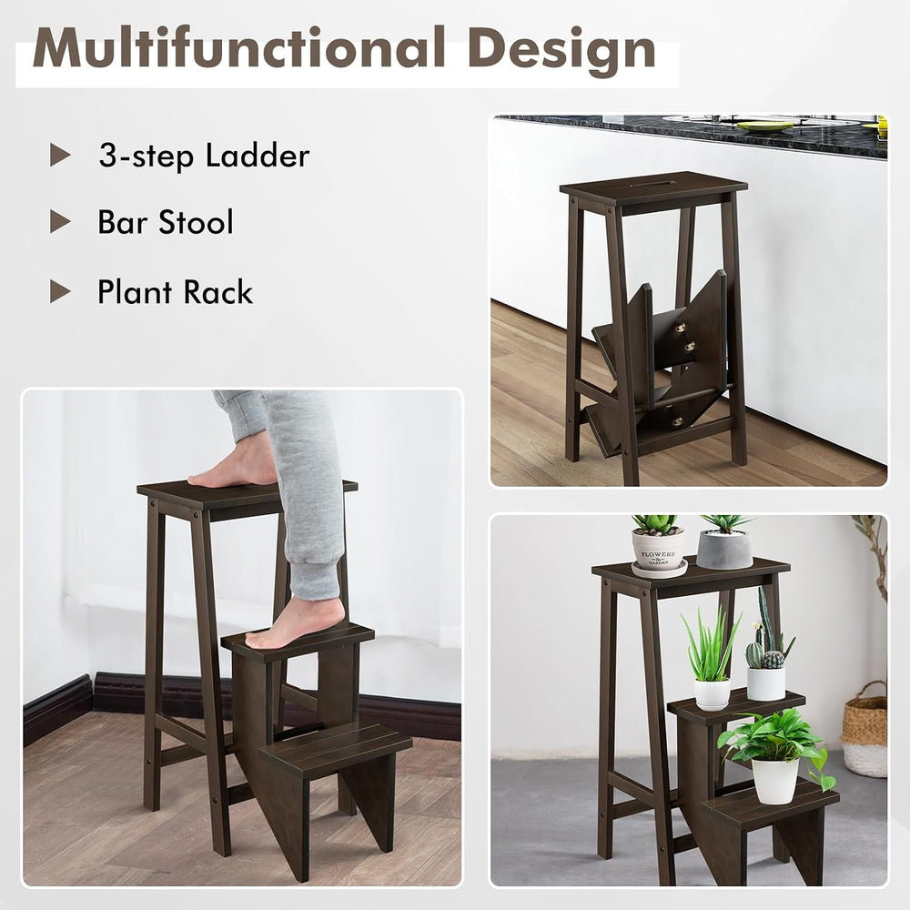 Giantex 3 Tier Folding Step Ladder, Multifunction 3-in-1 Wood Step Stool, Dis...