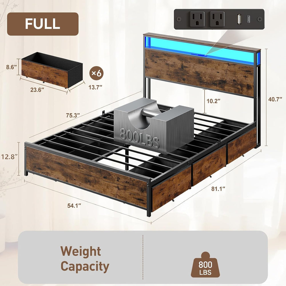 Forestell Full Size Bed Frame with 2-Tier Storage Headboard & 6 Drawers