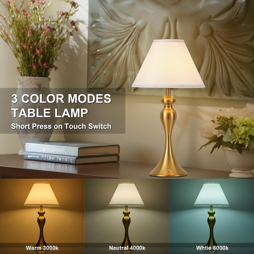 Cordless Table Lamp Rechargeable, Battery Night Light Fabric Shade, Brass