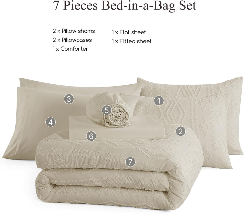 King Size Comforter Set Beige Tufted Boho Bedding Sets Farmhouse 7 Pieces