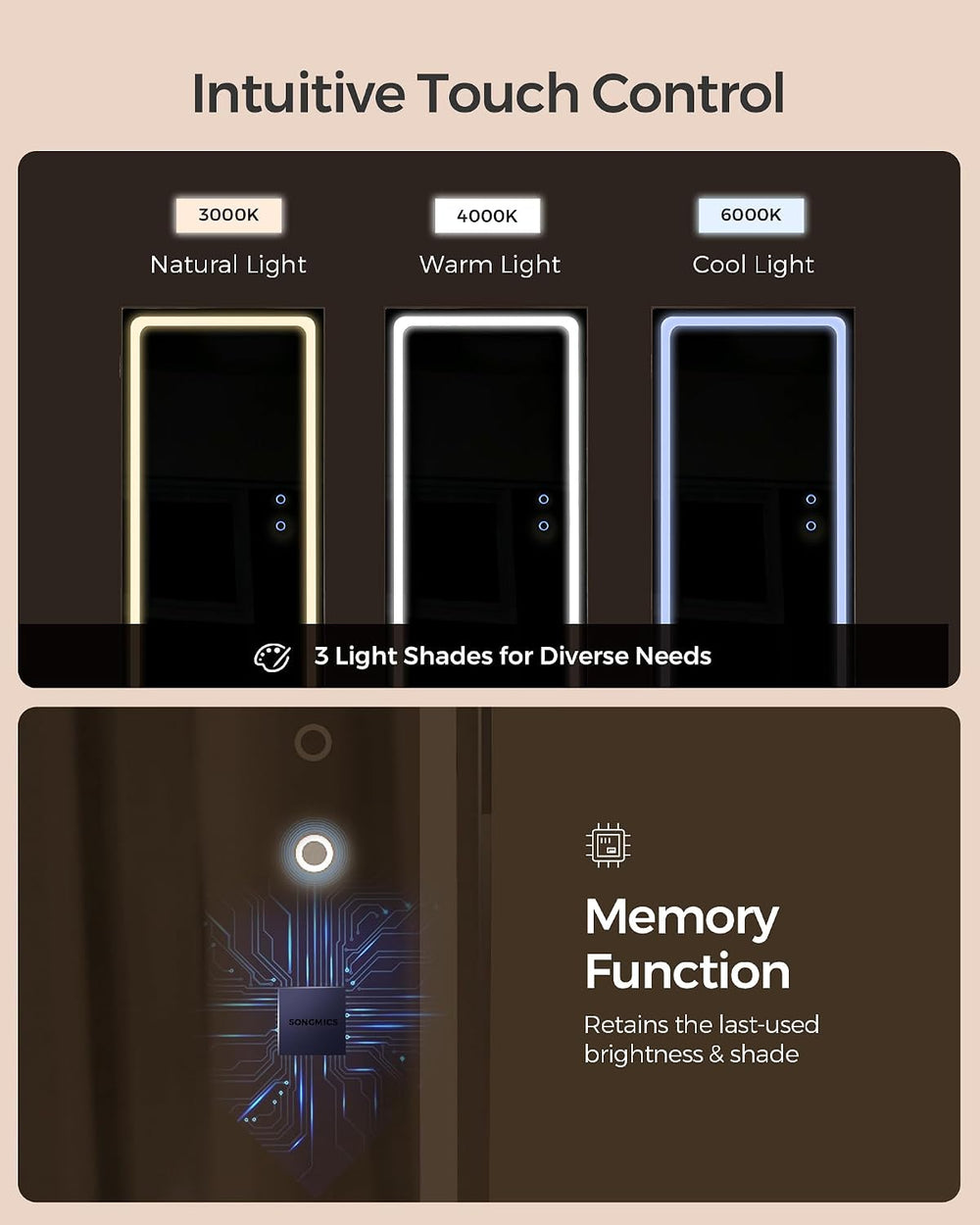 SONGMICS LED Mirror Jewelry Cabinet Standing, Adjustable Lights, Lockable