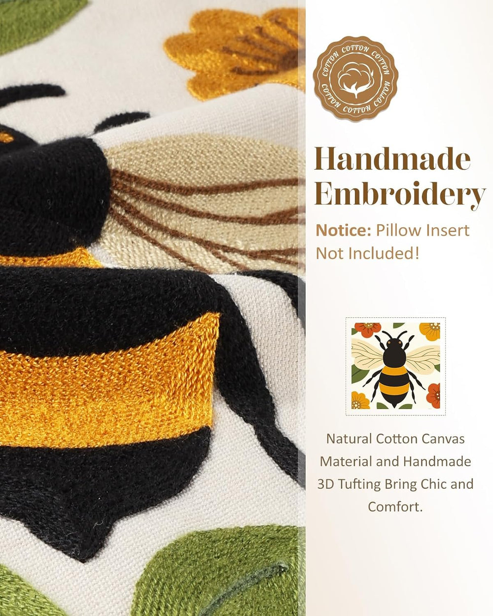 Animal Embroidered Throw Pillow Covers 18x18 Inch, Bee Floral