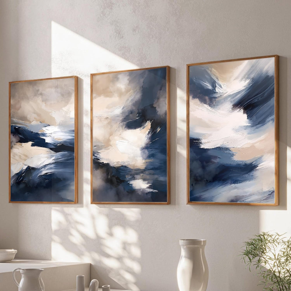 HLNIUC Blue Beige Abstract Wall Art Set of 3(16x24), Navy Brush Stroke Modern...