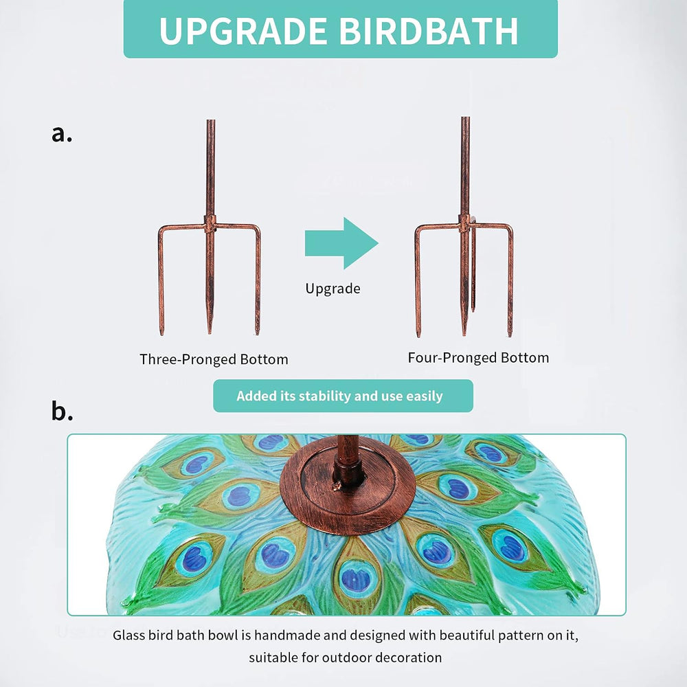 MUMTOP Glass Bird Bath, Garden Outdoor Birdfeeder with Metal Stake, Peacock
