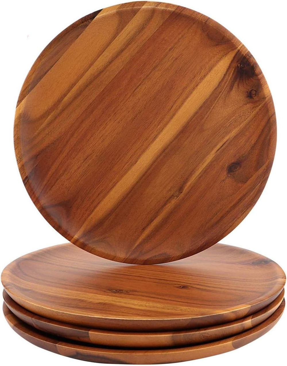 AIDEA Acacia Wood Dinner Plates, 8 Inch Round Wood Plates Set of 4, Easy Clea...