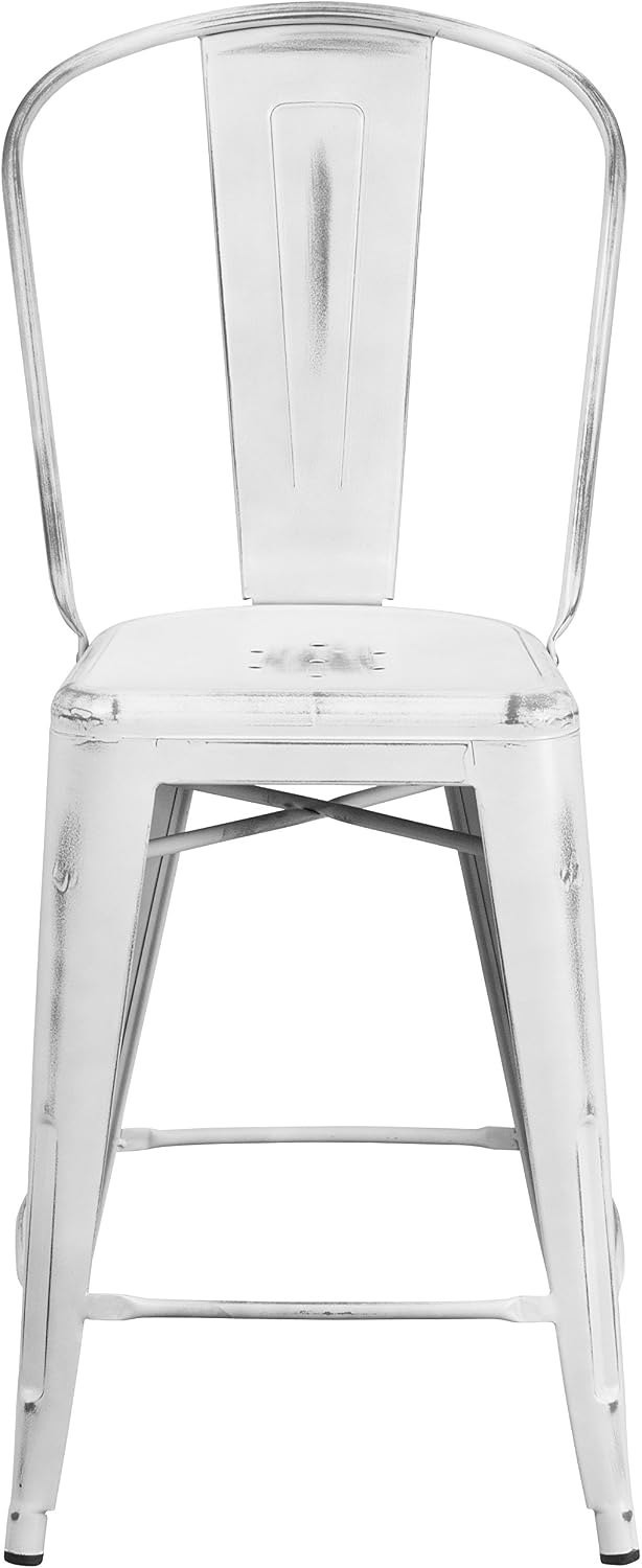 EMMA + OLIVER 24" Distressed White Metal Indoor/Outdoor Counter Stool