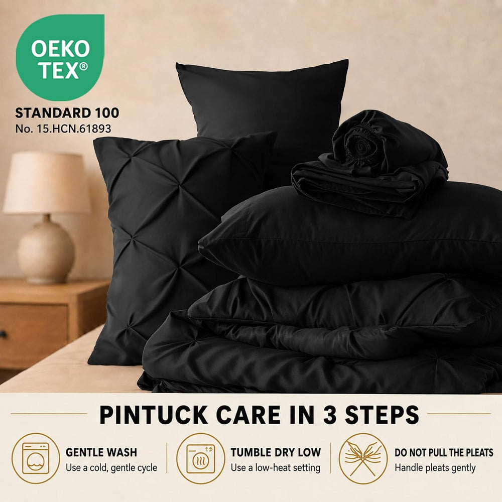 HIMEET Queen Comforter Set Black - 7 Pieces Pintuck Bed in a Bag