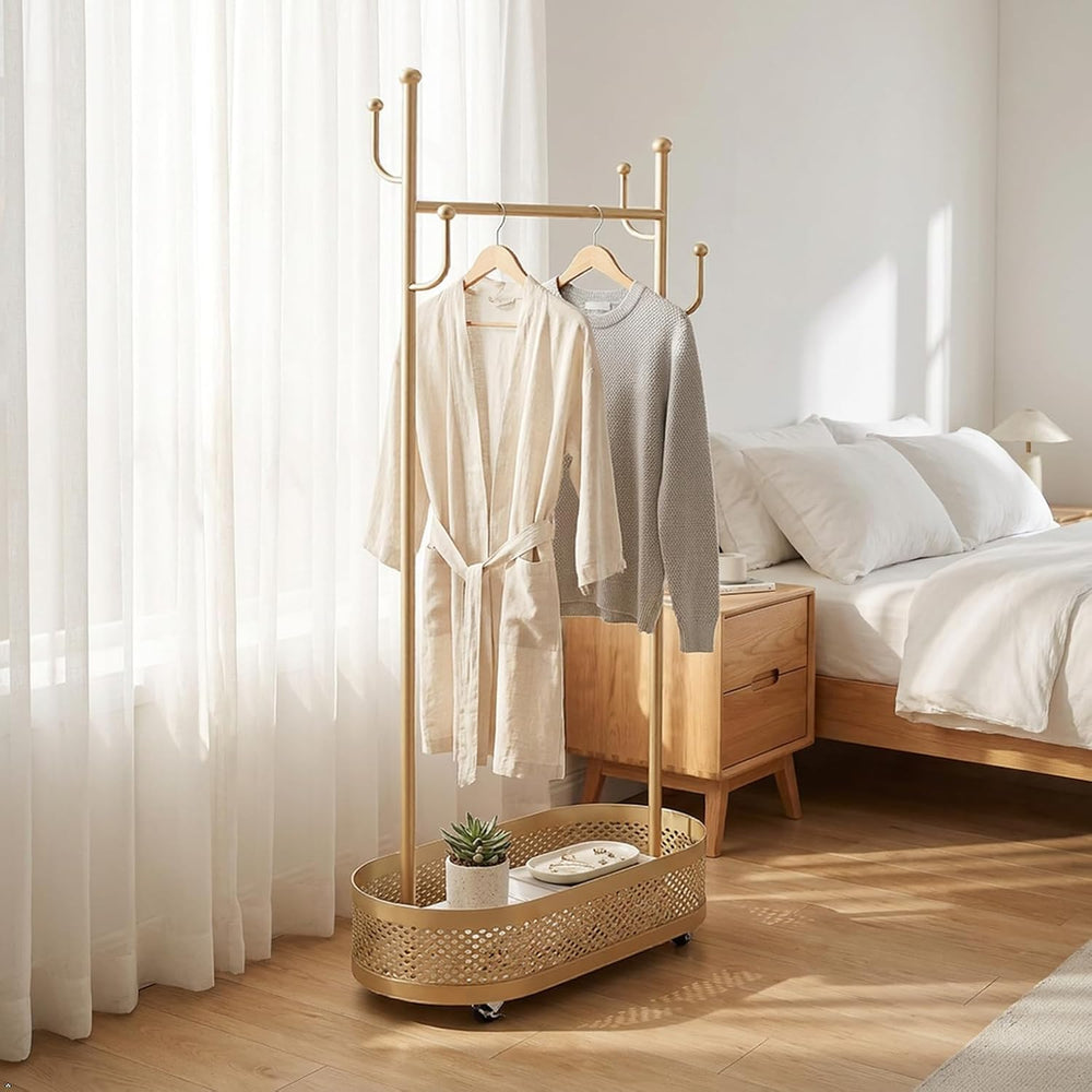 Gold Wheeled Cactus Metal Coat Rack Freestanding Garment Organizer