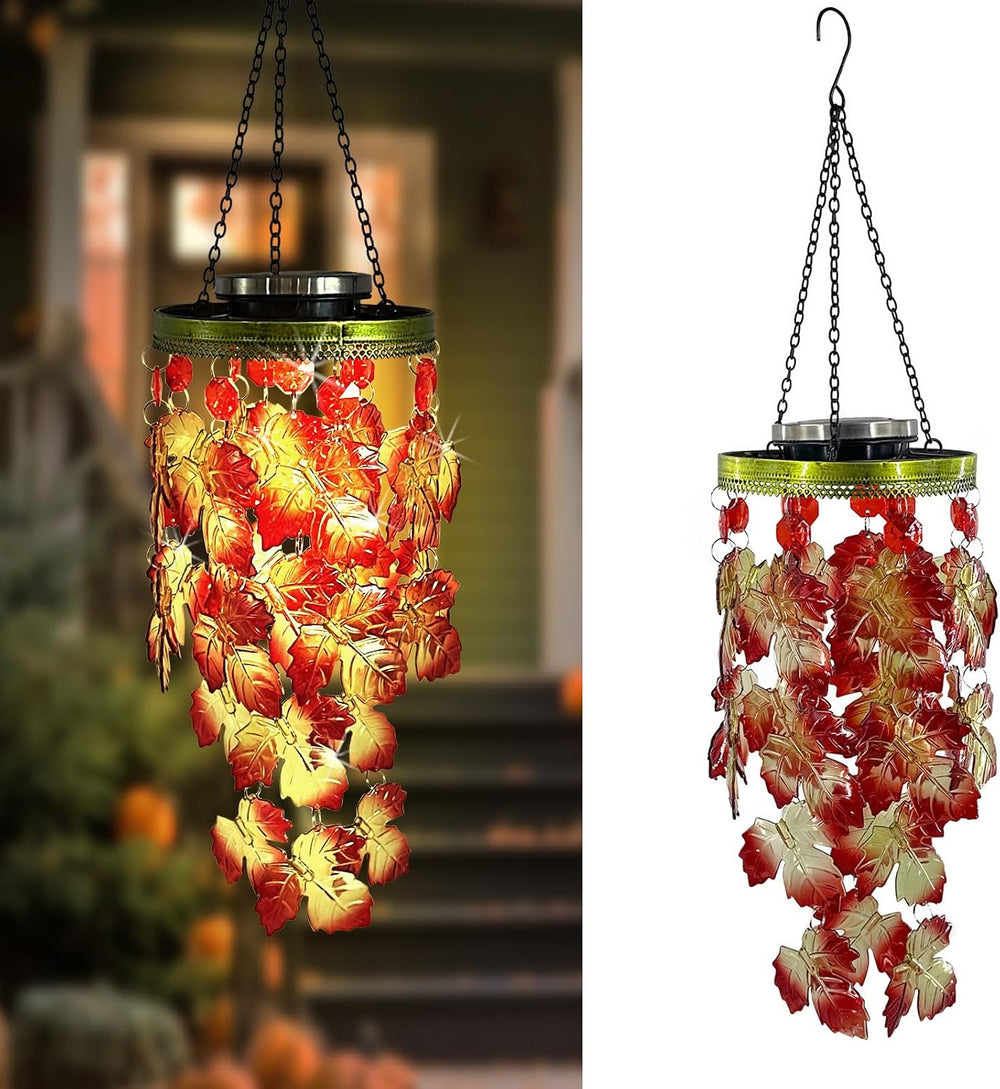 Fall Wind Chimes for Outside,Solar Maple Leaves Hanging Fall Mobile Lights