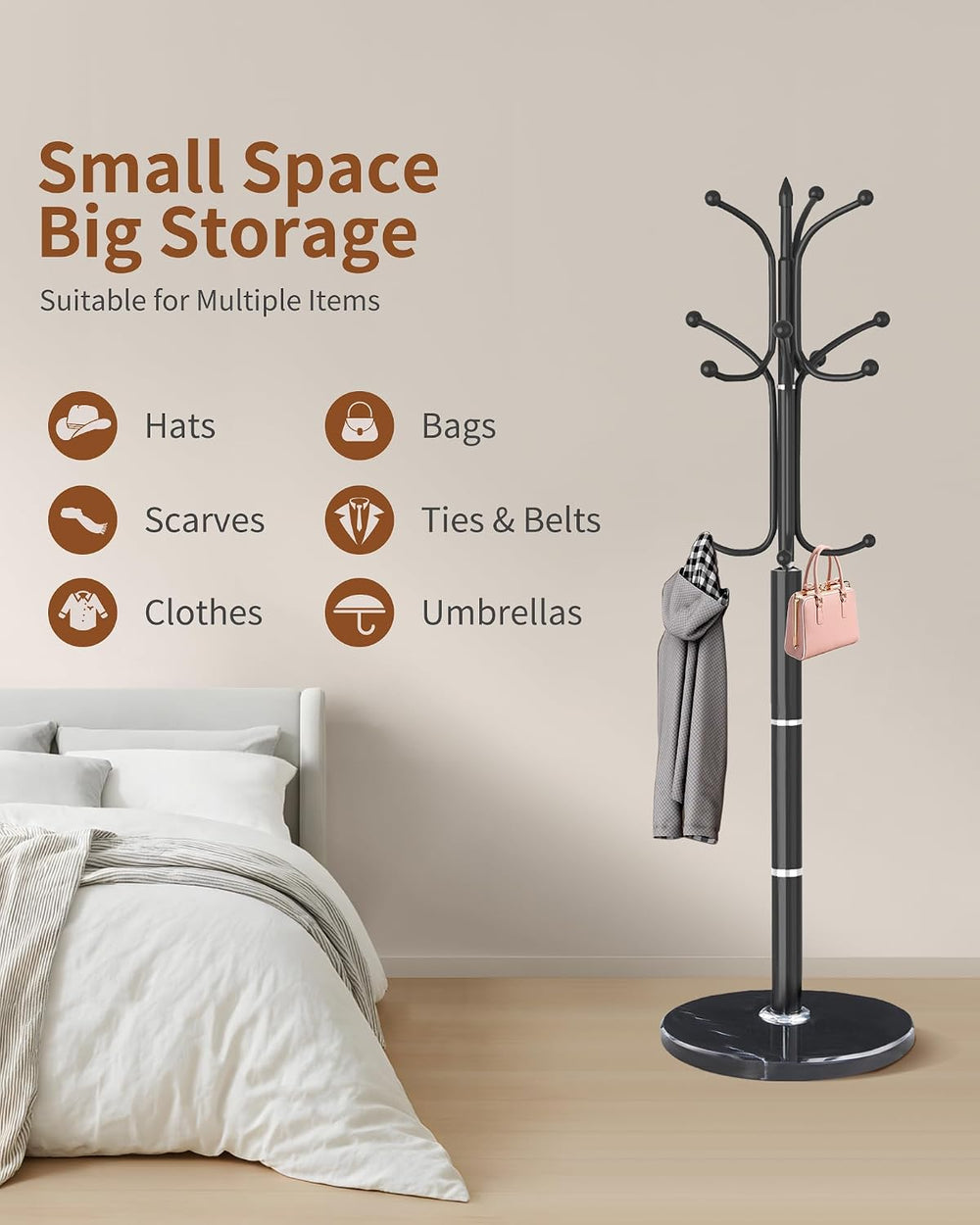 Snaikor Metal Coat Rack Freestanding, Sturdy Coat Rack Stand with Natural Mar...