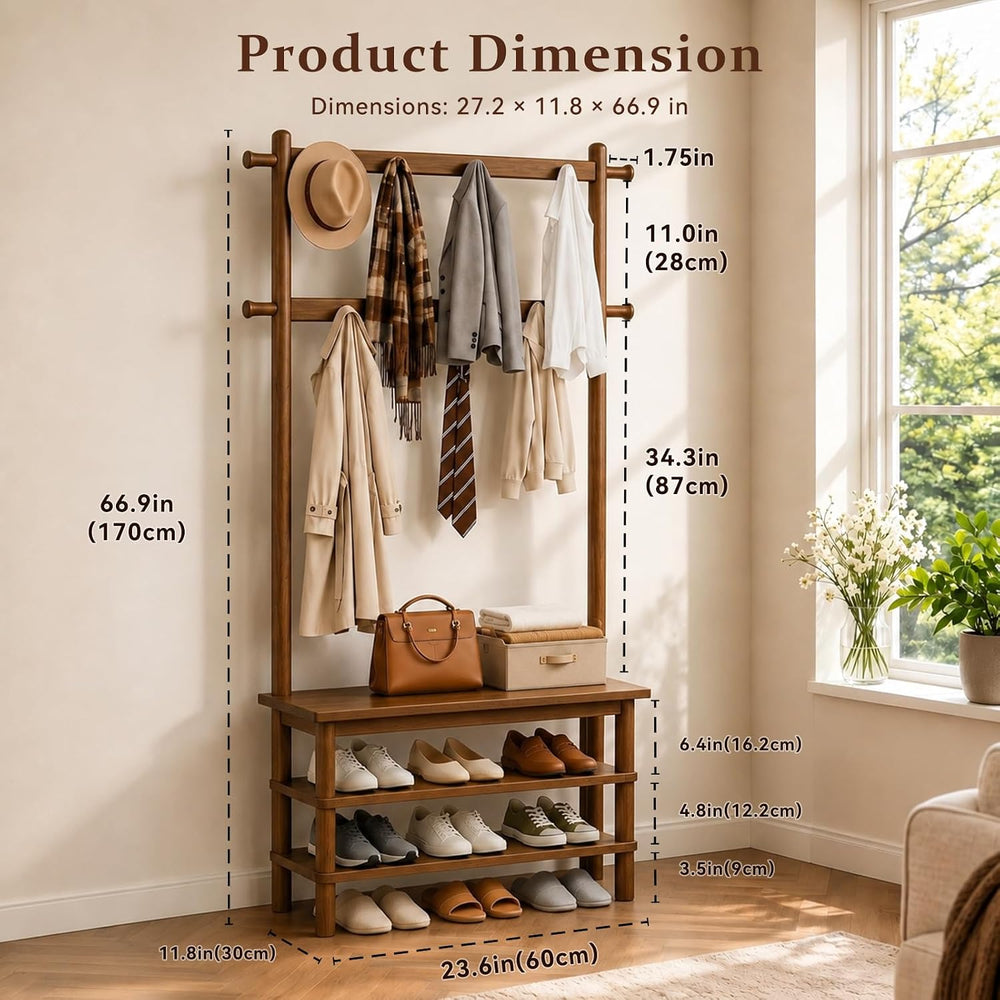 Solid Wood Hall Tree with Bench, Shoe Rack & 11 Hooks 27.2''