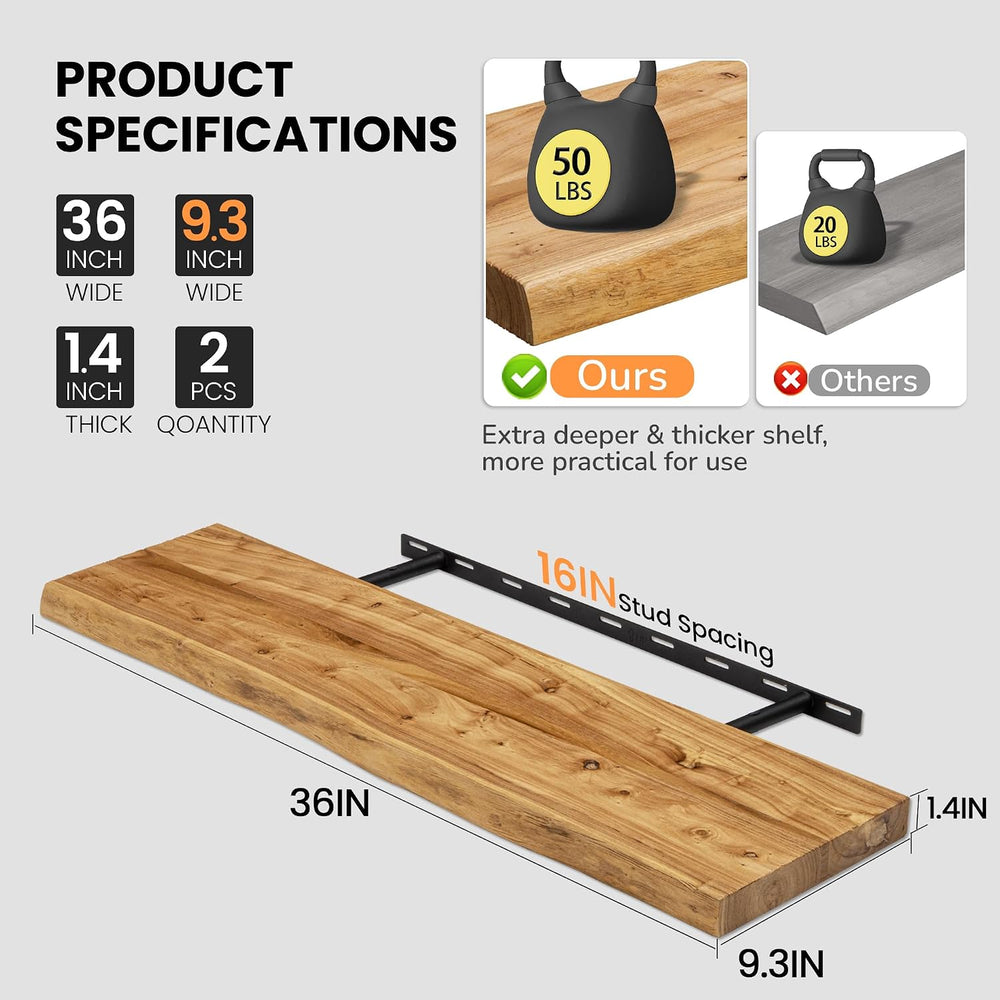 Floating Shelves for Wall, 36"x9.3" Rustic Solid Live-Edge Elm Wood...