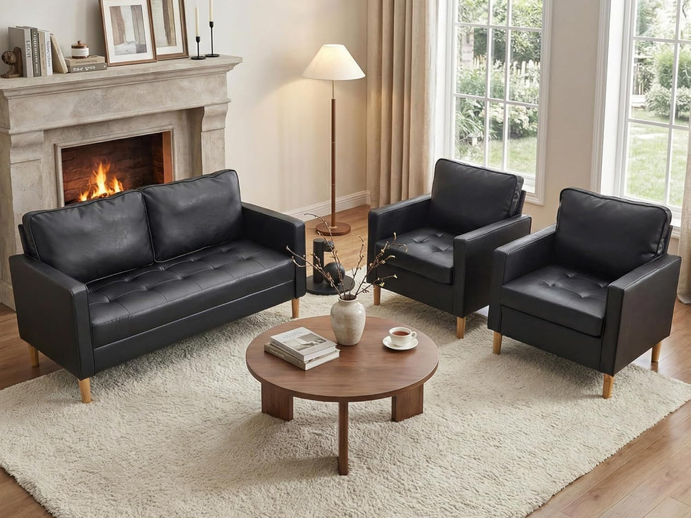 Small Black Faux Leather Sofa Couch, 3 Piece Living Room Set (Black, 3)