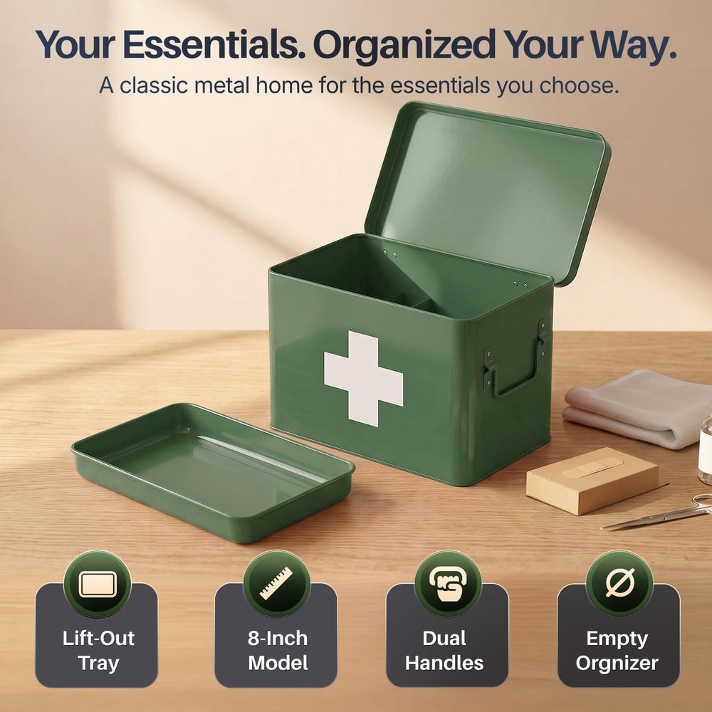 Flexzion Large Metal First Aid Box Empty, 8.5-Inch, Green with White Cross