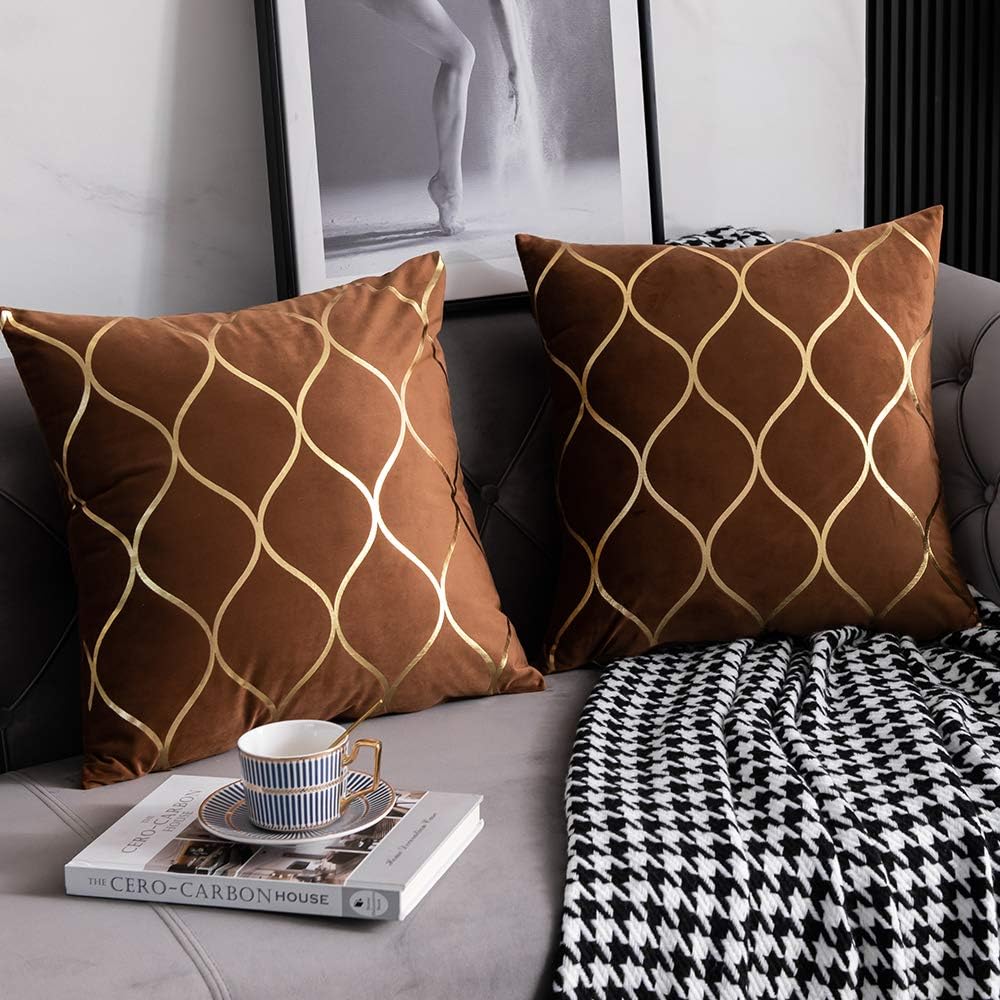 DEZENE Gold Velvet Throw Pillow Covers: 2 Pack 24x24 Inch Square Decorative P...