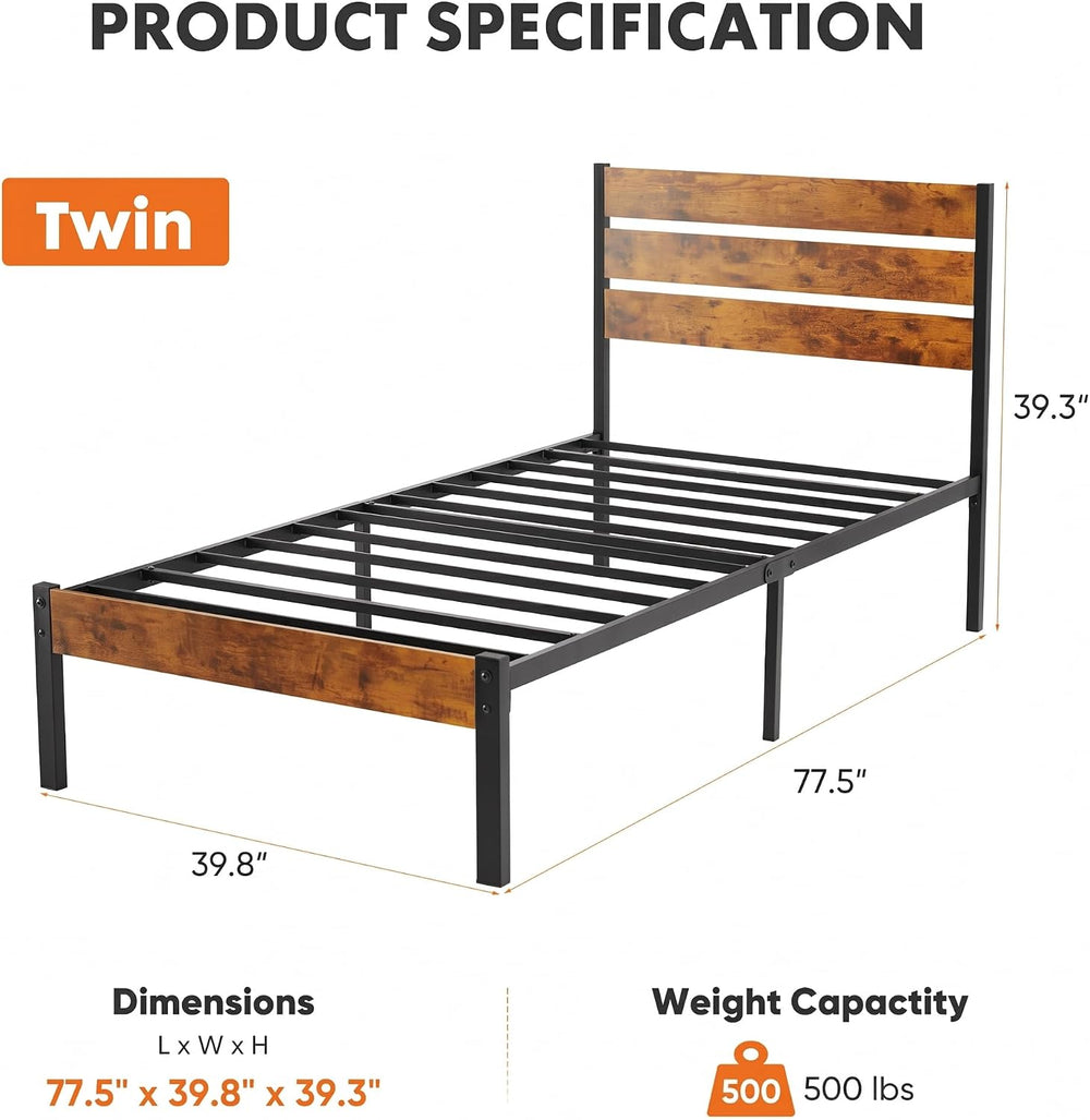 OLIXIS Twin Platform Bed Frame with Wooden Headboard and Footboard, Heavy Dut...