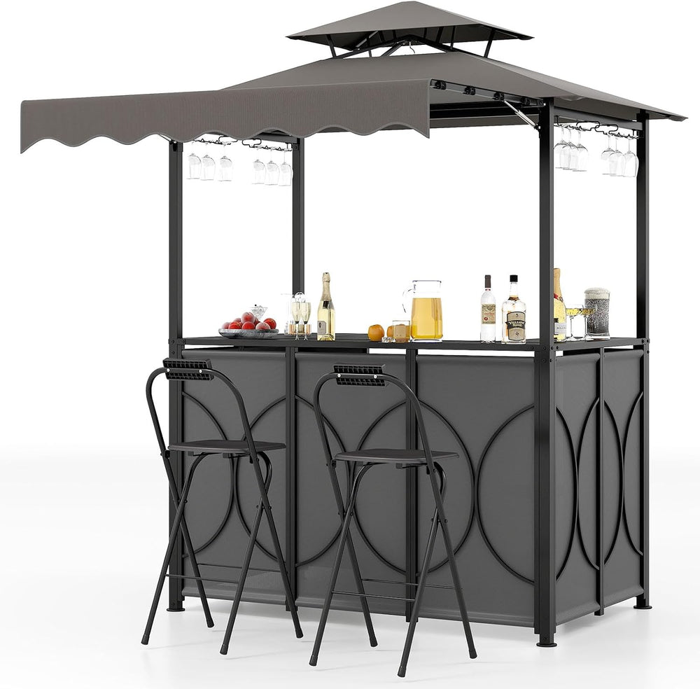 Tangkula 3 Piece Patio Bar Set with 2 Foldable Bar Stools (Gray)
