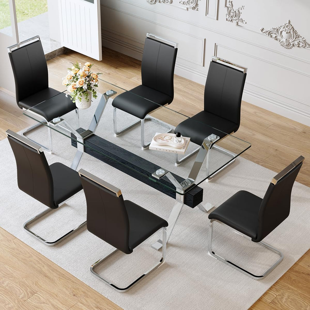 71" Glass Dining Table Set for 6|Modern Dining Table Set for 6 with Faux...