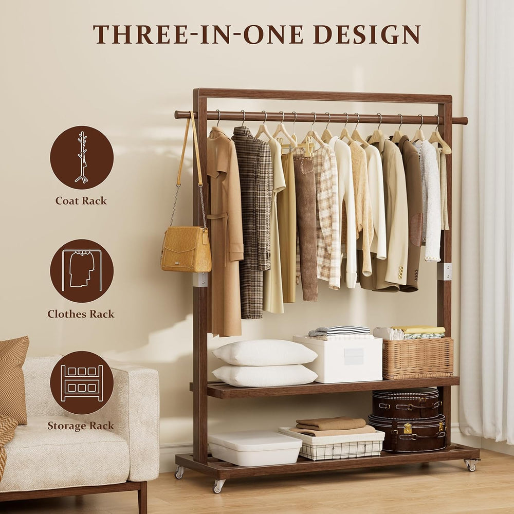 Wood Clothing Rack Solid Wood Clothes rack with Wheels 2 Shelves