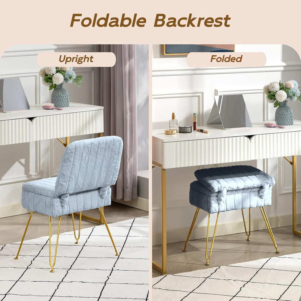 Vanity Chair with Storage | Comfy Ottoman with Folding Back