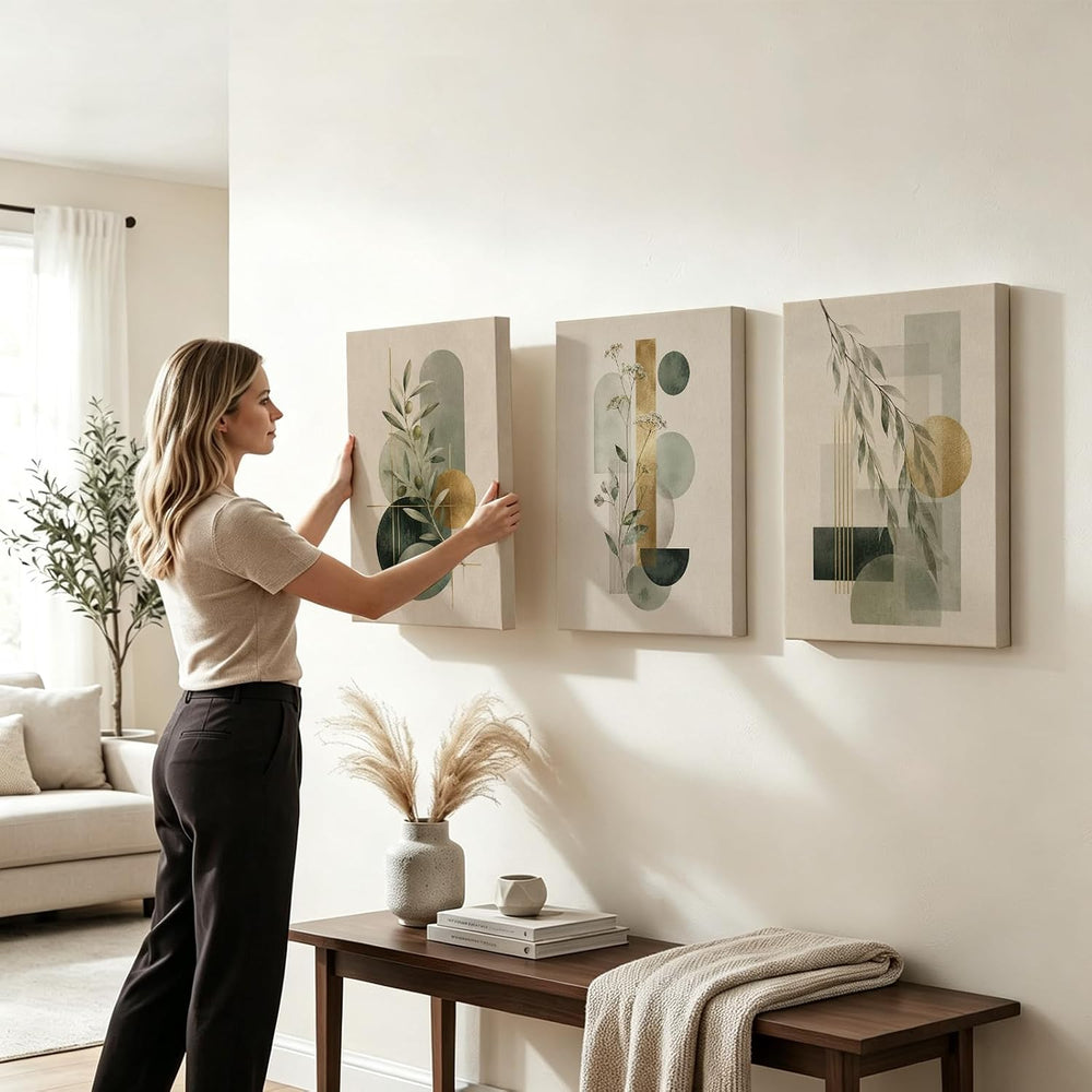 CUQQI Neutral Abstract Wall Art Set, Green Gold Canvas Prints 12x16In