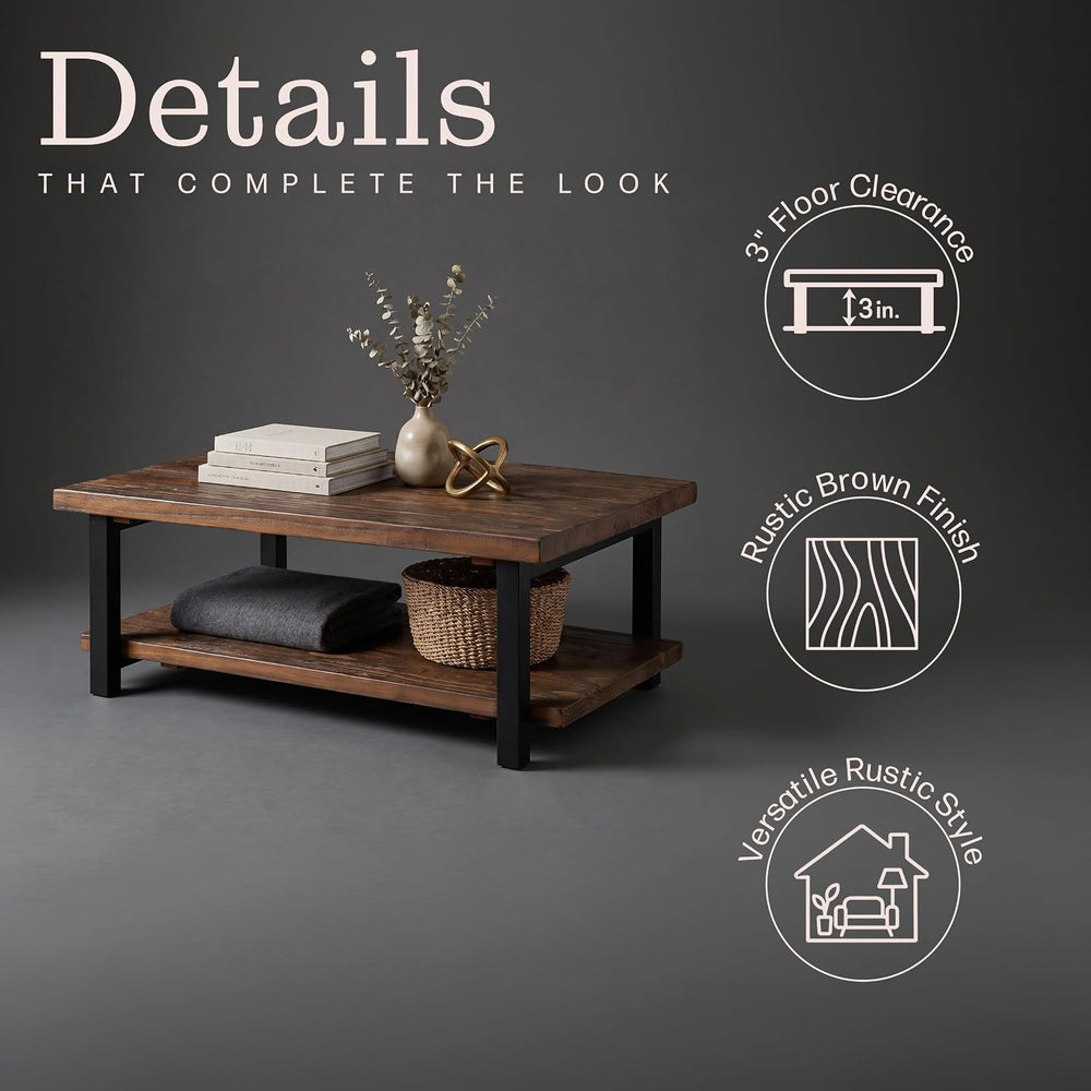 Alaterre Furniture Pomona Solid Wood Coffee Table, Rustic Brown, 48”