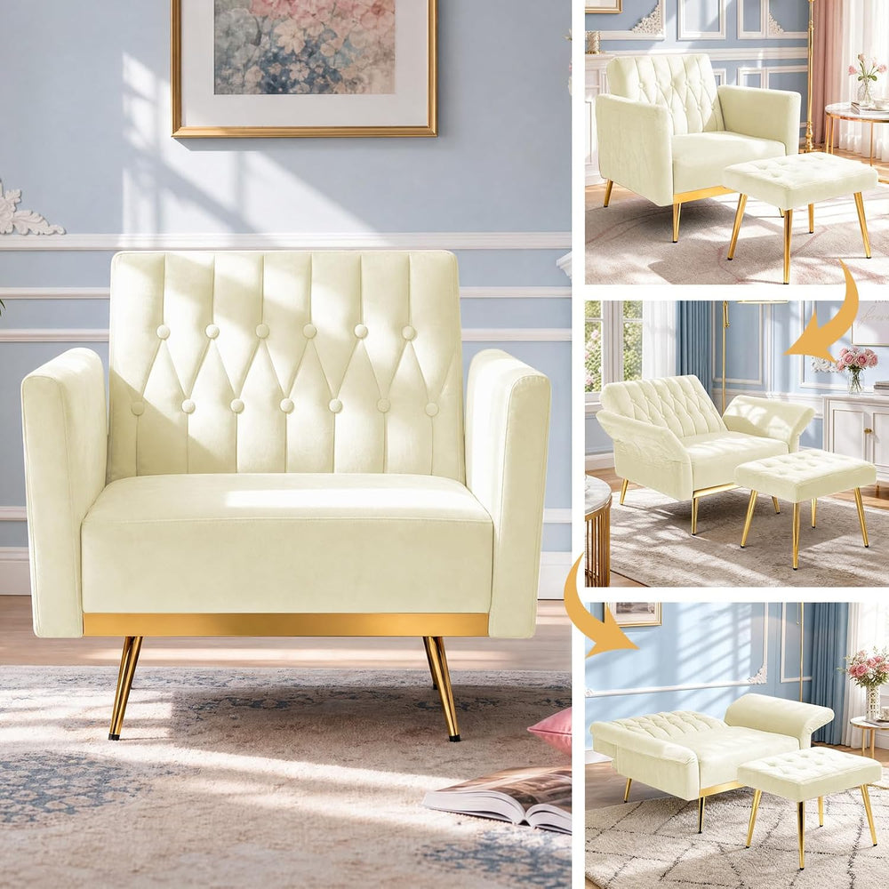 Velvet Accent Chair w/Ottoman & Adjustable Backrest, Beige