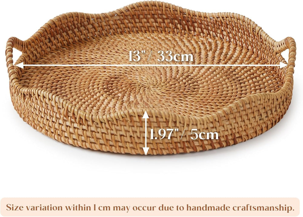 YANGQIHOME Round Scalloped Rattan Tray, Handwoven Decorative Tray